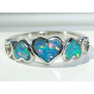 925 STERLING SILVER Lab Created Blue Lavender Fire Opal Hears Ring